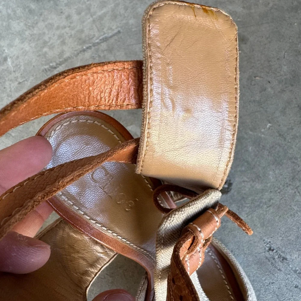 Chloe Tan Leather Canvas Wedge Sandals Peep Toe Ankle Strap Heels Size 36 Italy - Picture 3 of 5